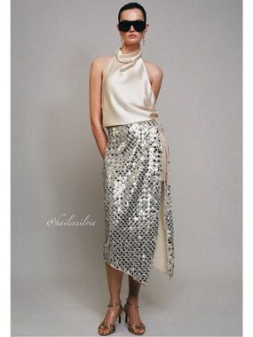 Sequin Midi Wrap Skirt in Silver